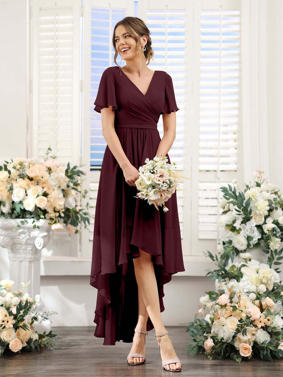 V-Neck A-Line Princess Short Sleeve Asymmetrical Ruched Chiffon Bridesmaid Dress