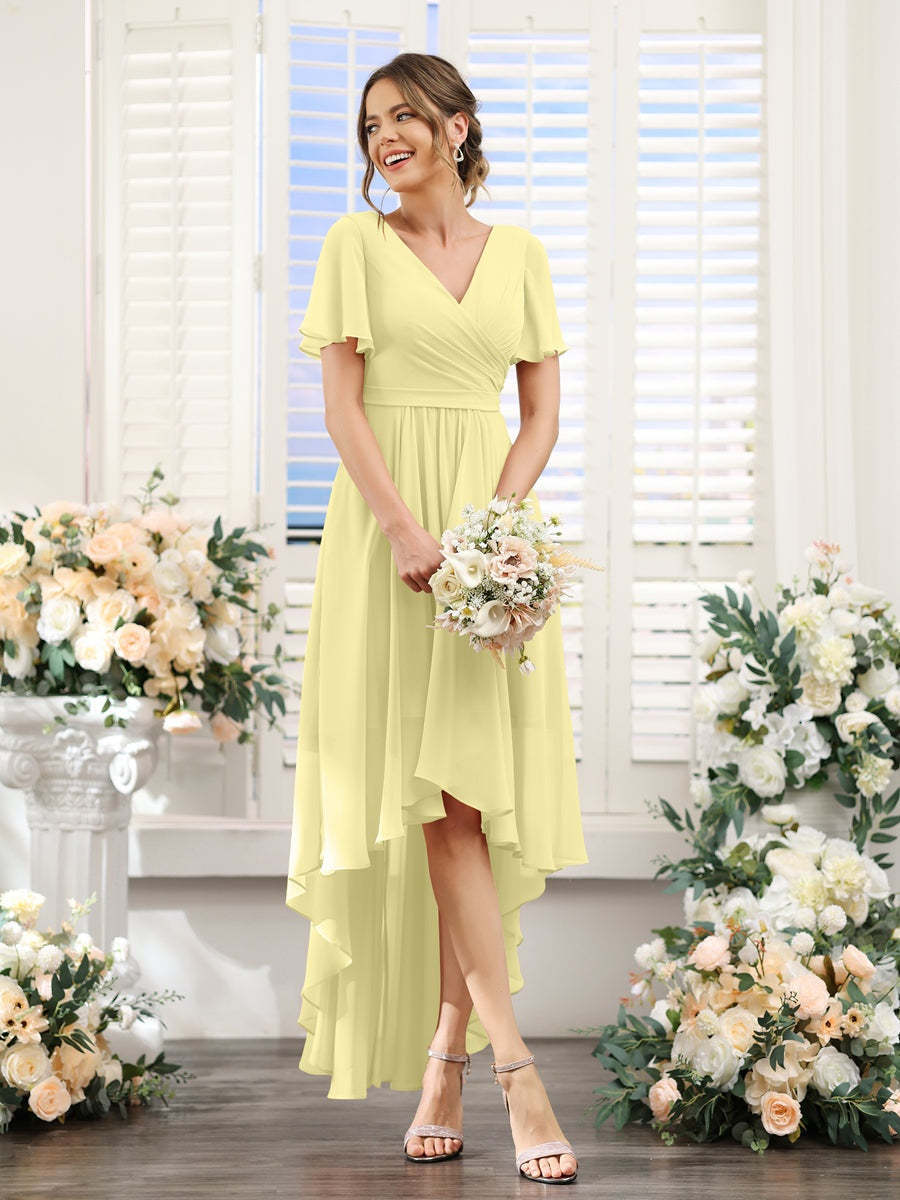 V-Neck A-Line Princess Short Sleeve Asymmetrical Ruched Chiffon Bridesmaid Dress