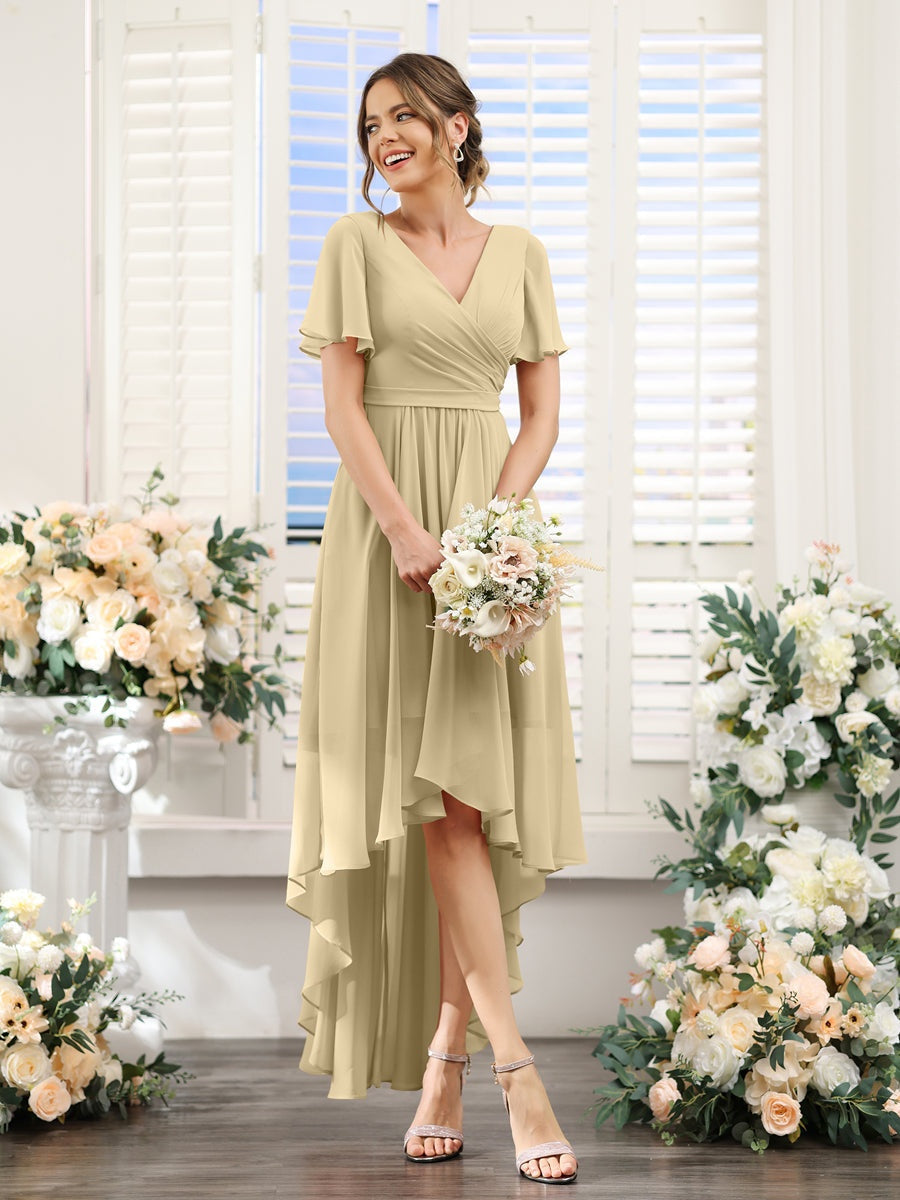 V-Neck A-Line Princess Short Sleeve Asymmetrical Ruched Chiffon Bridesmaid Dress