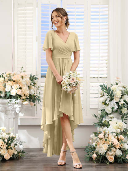 V-Neck A-Line Princess Short Sleeve Asymmetrical Ruched Chiffon Bridesmaid Dress