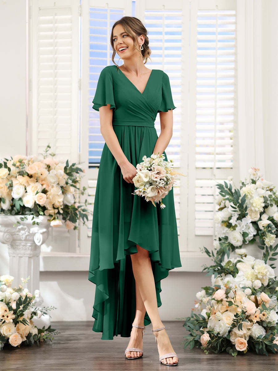 V-Neck A-Line Princess Short Sleeve Asymmetrical Ruched Chiffon Bridesmaid Dress