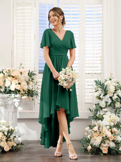 V-Neck A-Line Princess Short Sleeve Asymmetrical Ruched Chiffon Bridesmaid Dress