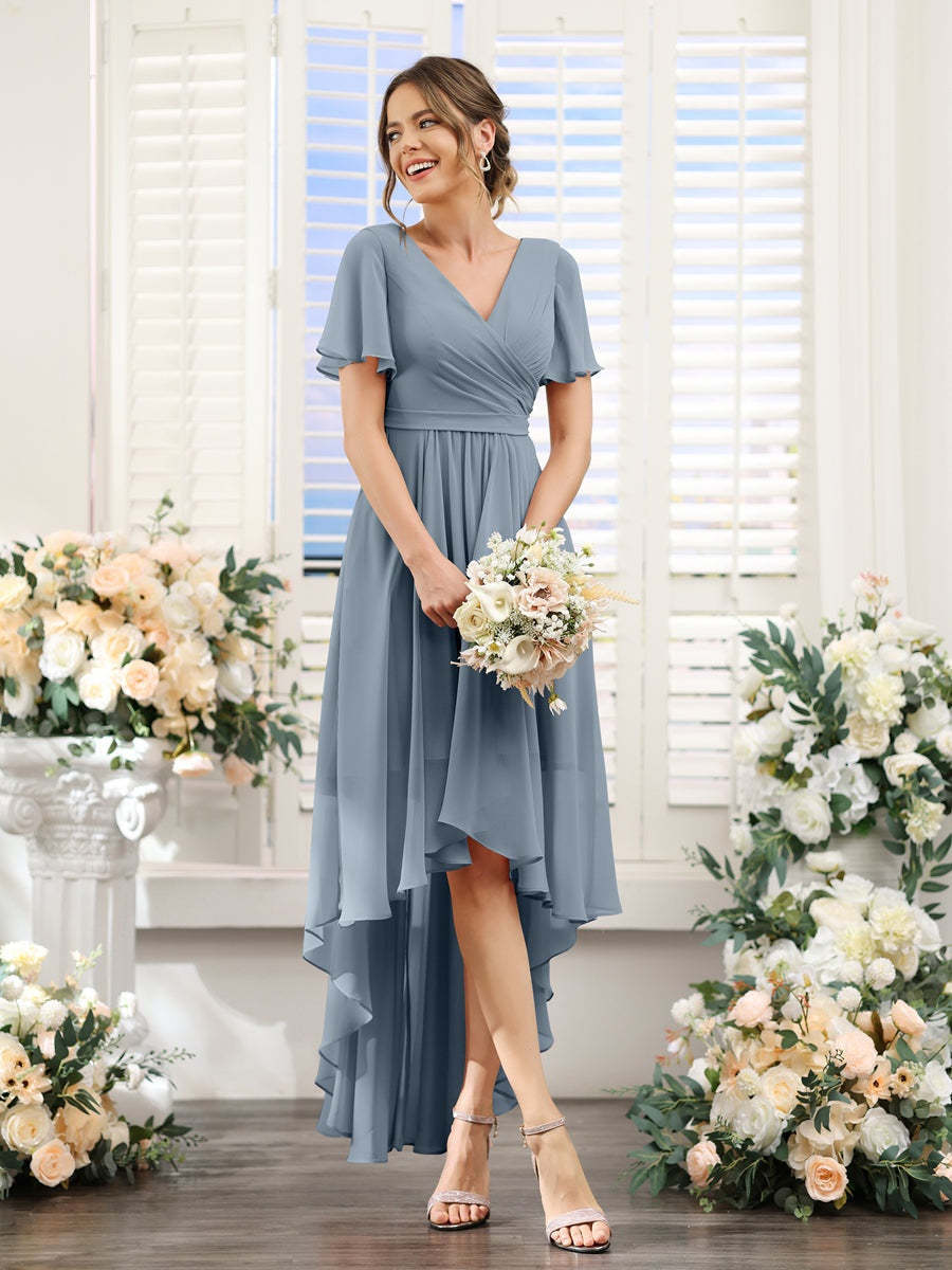 V-Neck A-Line Princess Short Sleeve Asymmetrical Ruched Chiffon Bridesmaid Dress
