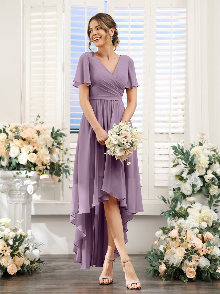 V-Neck A-Line Princess Short Sleeve Asymmetrical Ruched Chiffon Bridesmaid Dress
