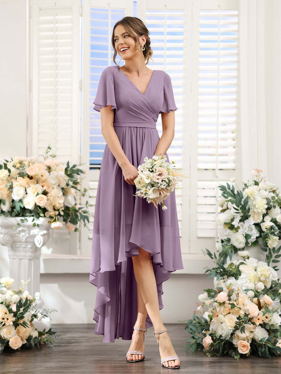 V-Neck A-Line Princess Short Sleeve Asymmetrical Ruched Chiffon Bridesmaid Dress