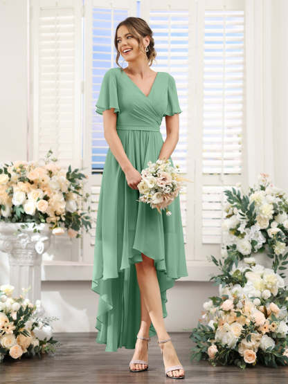 V-Neck A-Line Princess Short Sleeve Asymmetrical Ruched Chiffon Bridesmaid Dress