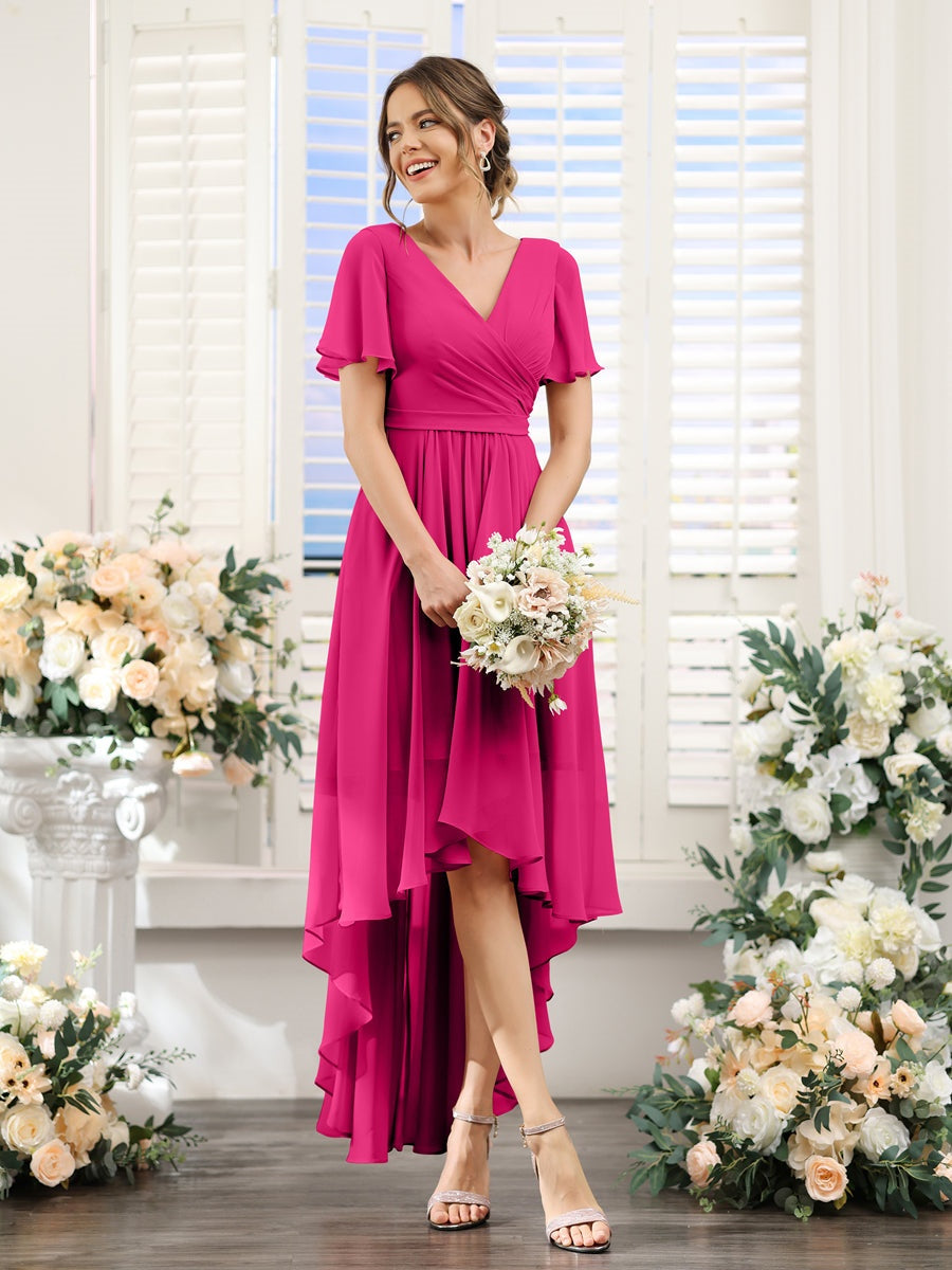 V-Neck A-Line Princess Short Sleeve Asymmetrical Ruched Chiffon Bridesmaid Dress