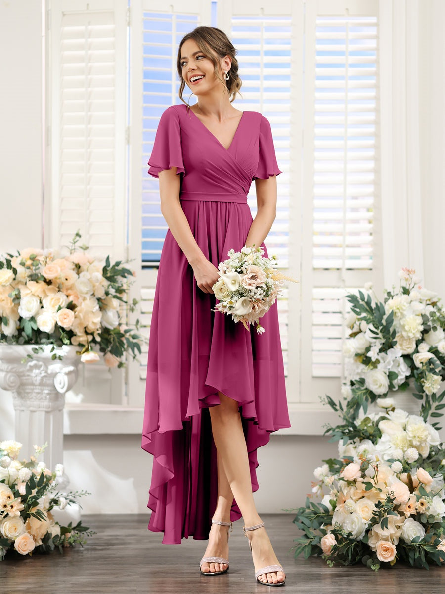 V-Neck A-Line Princess Short Sleeve Asymmetrical Ruched Chiffon Bridesmaid Dress
