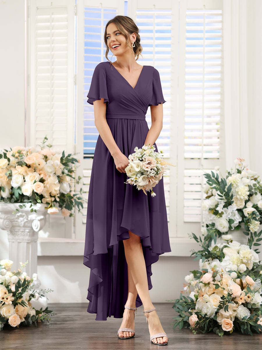 V-Neck A-Line Princess Short Sleeve Asymmetrical Ruched Chiffon Bridesmaid Dress