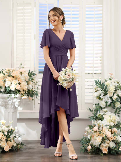 V-Neck A-Line Princess Short Sleeve Asymmetrical Ruched Chiffon Bridesmaid Dress