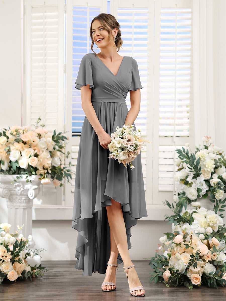 V-Neck A-Line Princess Short Sleeve Asymmetrical Ruched Chiffon Bridesmaid Dress