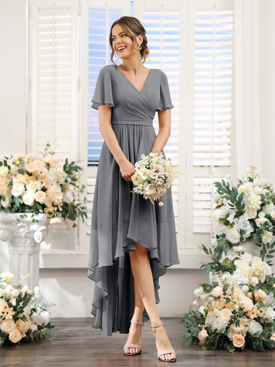 V-Neck A-Line Princess Short Sleeve Asymmetrical Ruched Chiffon Bridesmaid Dress