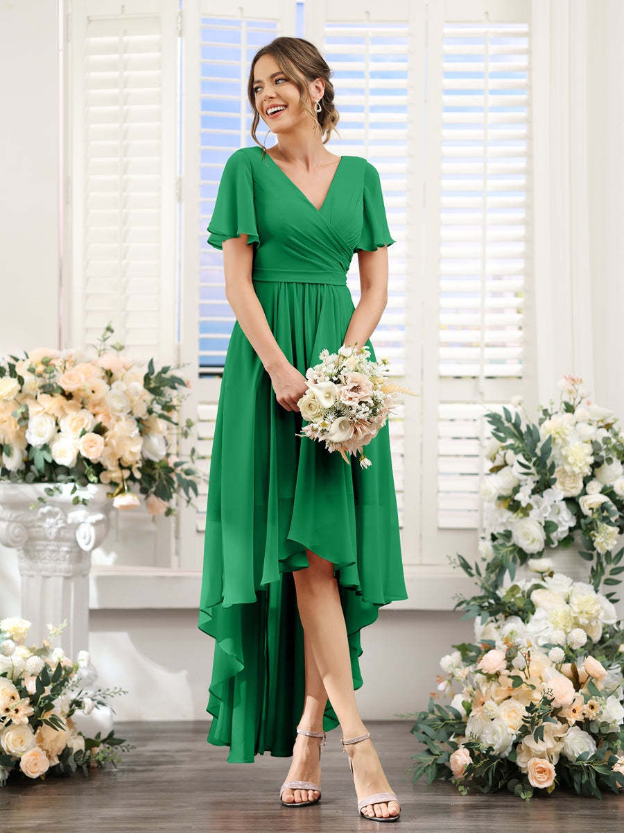 V-Neck A-Line Princess Short Sleeve Asymmetrical Ruched Chiffon Bridesmaid Dress