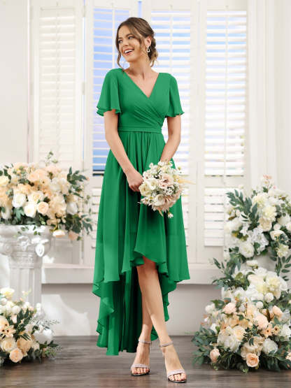 V-Neck A-Line Princess Short Sleeve Asymmetrical Ruched Chiffon Bridesmaid Dress