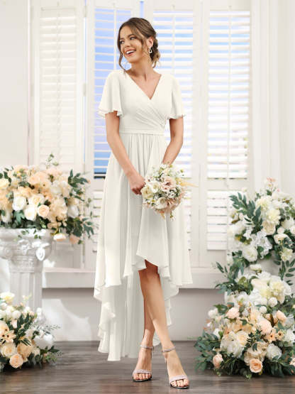 V-Neck A-Line Princess Short Sleeve Asymmetrical Ruched Chiffon Bridesmaid Dress