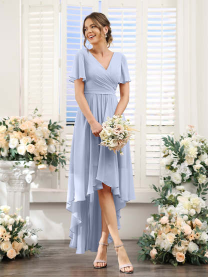 V-Neck A-Line Princess Short Sleeve Asymmetrical Ruched Chiffon Bridesmaid Dress