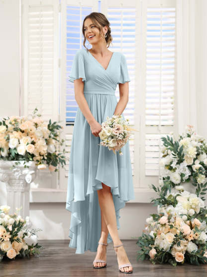 V-Neck A-Line Princess Short Sleeve Asymmetrical Ruched Chiffon Bridesmaid Dress
