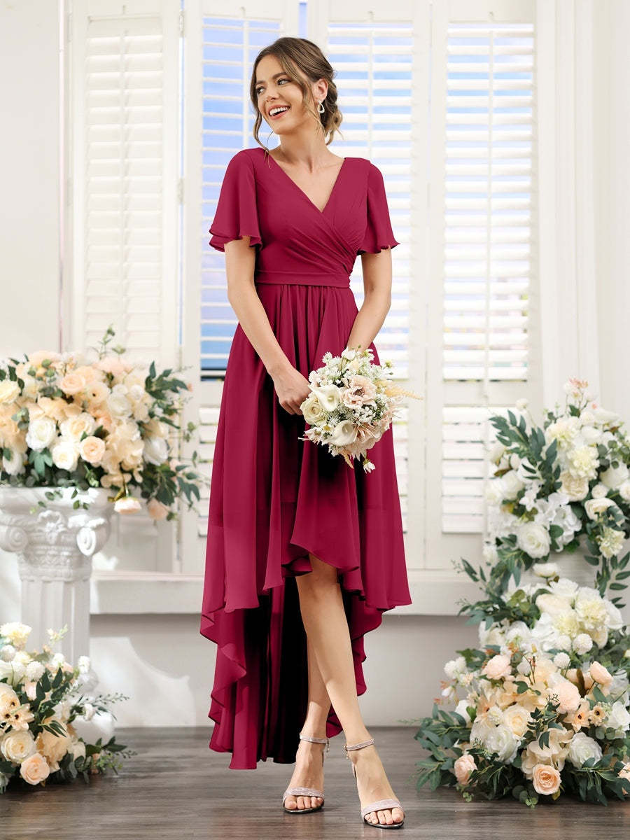 V-Neck A-Line Princess Short Sleeve Asymmetrical Ruched Chiffon Bridesmaid Dress