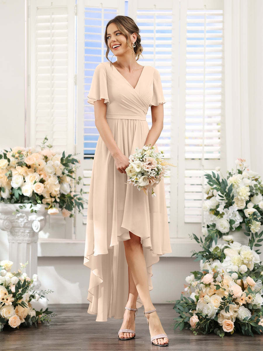 V-Neck A-Line Princess Short Sleeve Asymmetrical Ruched Chiffon Bridesmaid Dress