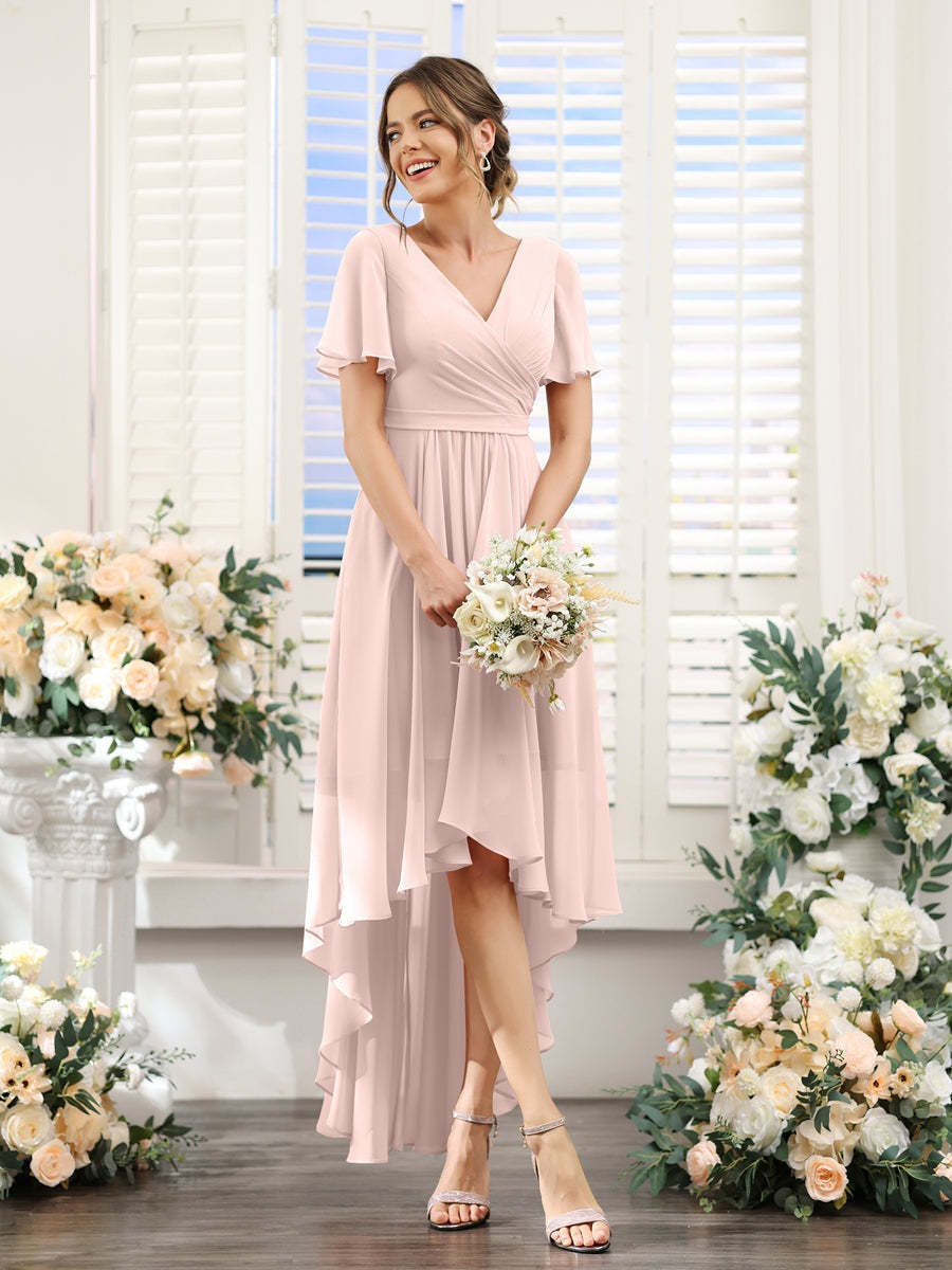 V-Neck A-Line Princess Short Sleeve Asymmetrical Ruched Chiffon Bridesmaid Dress