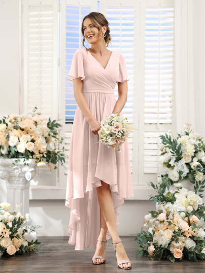 V-Neck A-Line Princess Short Sleeve Asymmetrical Ruched Chiffon Bridesmaid Dress