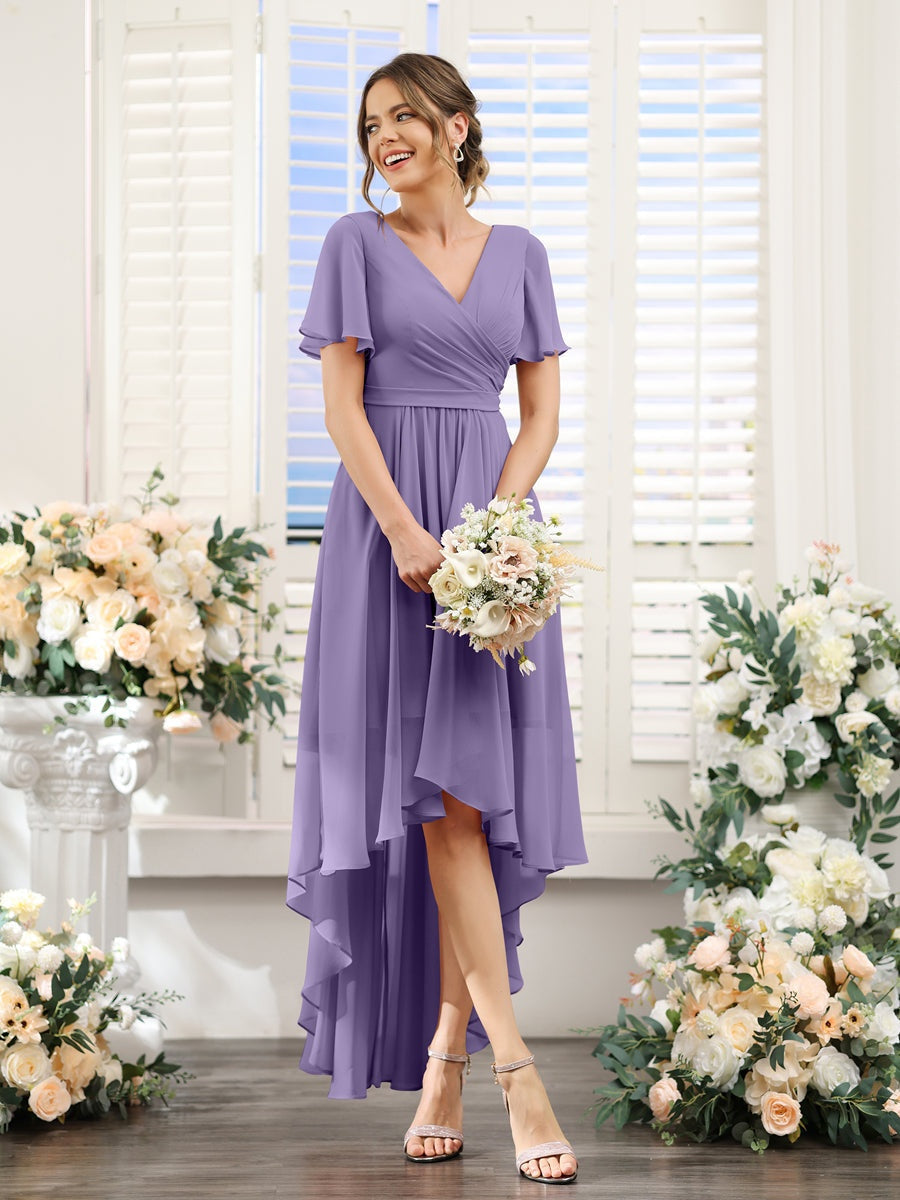 V-Neck A-Line Princess Short Sleeve Asymmetrical Ruched Chiffon Bridesmaid Dress