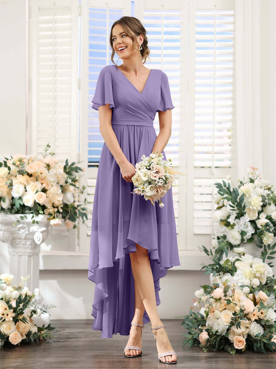 V-Neck A-Line Princess Short Sleeve Asymmetrical Ruched Chiffon Bridesmaid Dress