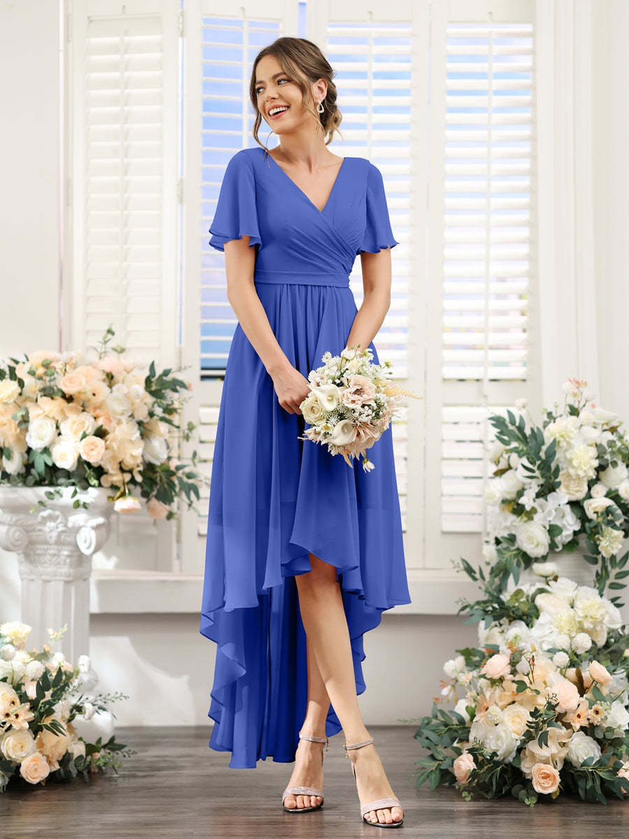 V-Neck A-Line Princess Short Sleeve Asymmetrical Ruched Chiffon Bridesmaid Dress