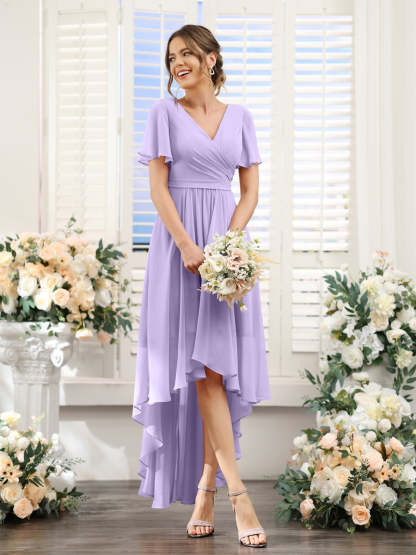 V-Neck A-Line Princess Short Sleeve Asymmetrical Ruched Chiffon Bridesmaid Dress