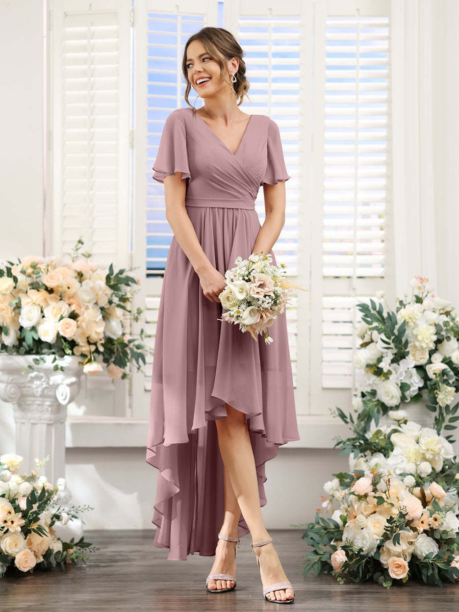 V-Neck A-Line Princess Short Sleeve Asymmetrical Ruched Chiffon Bridesmaid Dress
