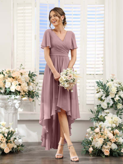 V-Neck A-Line Princess Short Sleeve Asymmetrical Ruched Chiffon Bridesmaid Dress