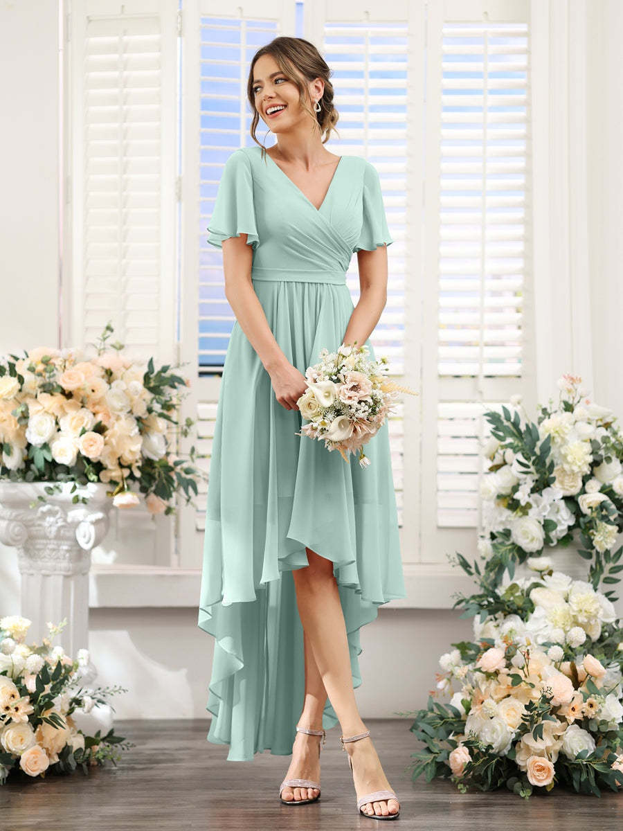 V-Neck A-Line Princess Short Sleeve Asymmetrical Ruched Chiffon Bridesmaid Dress