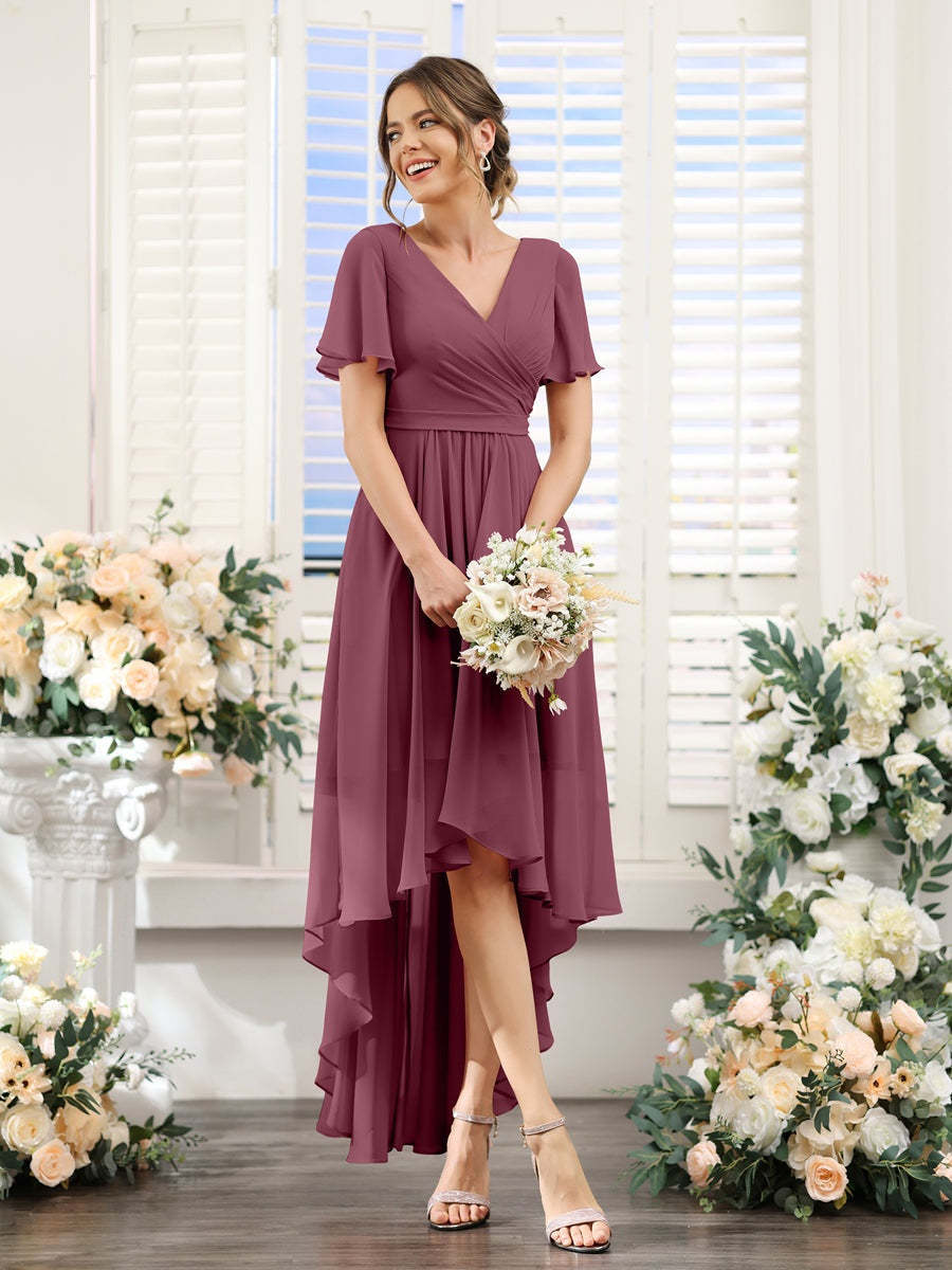 V-Neck A-Line Princess Short Sleeve Asymmetrical Ruched Chiffon Bridesmaid Dress