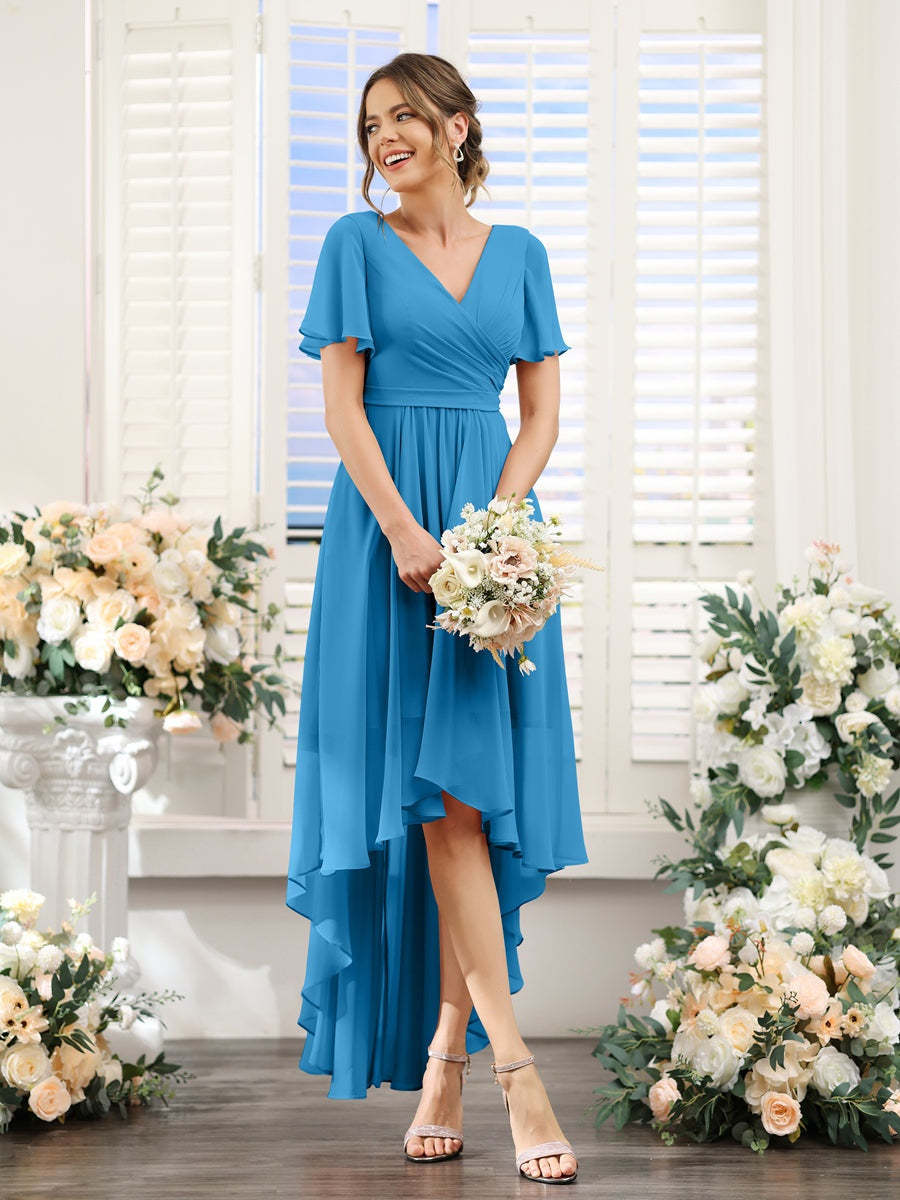 V-Neck A-Line Princess Short Sleeve Asymmetrical Ruched Chiffon Bridesmaid Dress