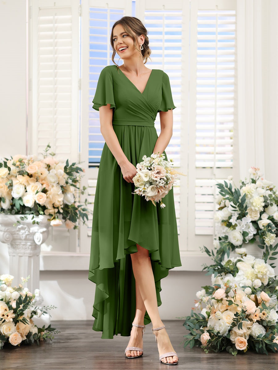 V-Neck A-Line Princess Short Sleeve Asymmetrical Ruched Chiffon Bridesmaid Dress