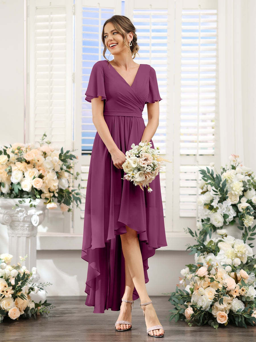 V-Neck A-Line Princess Short Sleeve Asymmetrical Ruched Chiffon Bridesmaid Dress