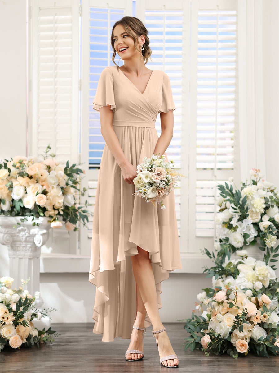 V-Neck A-Line Princess Short Sleeve Asymmetrical Ruched Chiffon Bridesmaid Dress