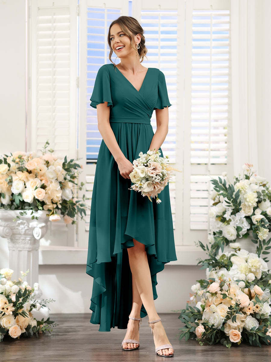 V-Neck A-Line Princess Short Sleeve Asymmetrical Ruched Chiffon Bridesmaid Dress
