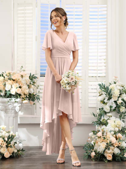V-Neck A-Line Princess Short Sleeve Asymmetrical Ruched Chiffon Bridesmaid Dress