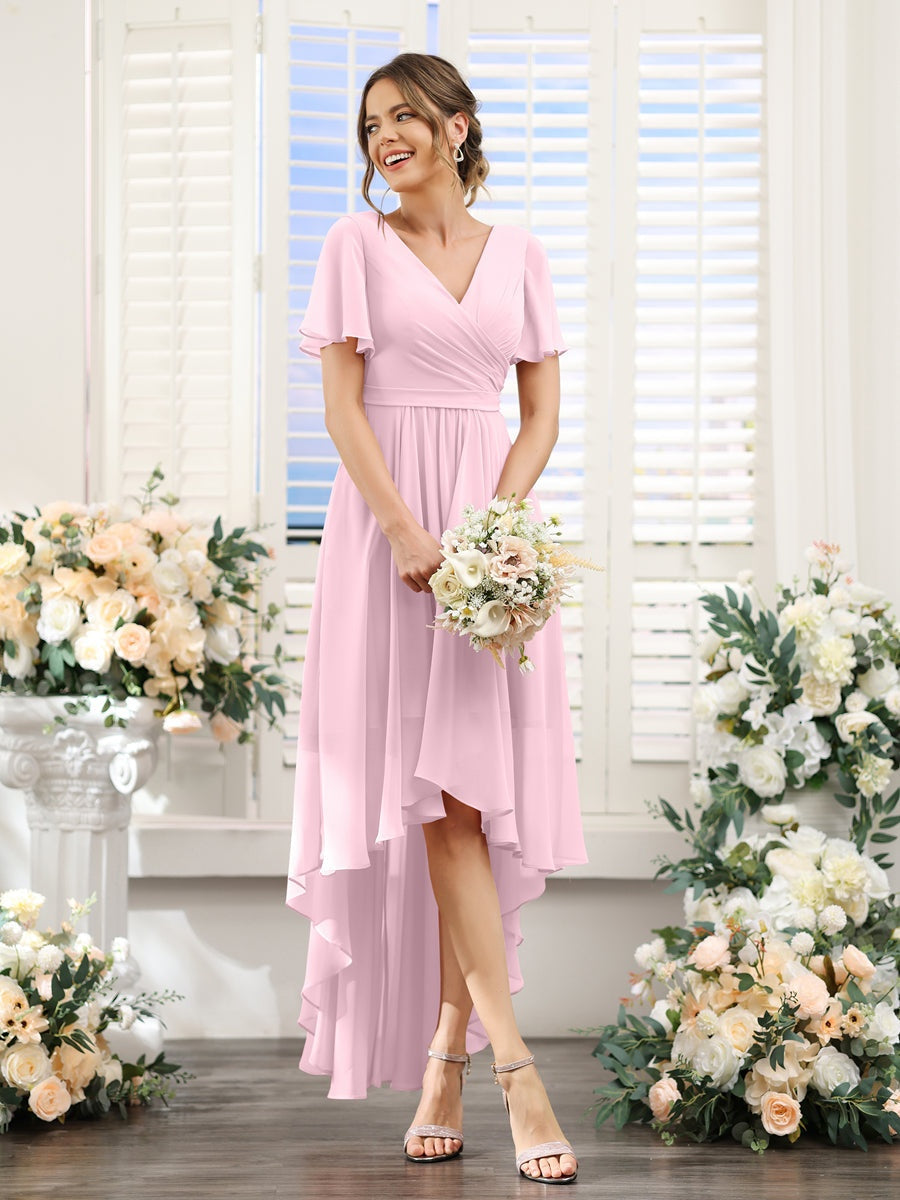 V-Neck A-Line Princess Short Sleeve Asymmetrical Ruched Chiffon Bridesmaid Dress