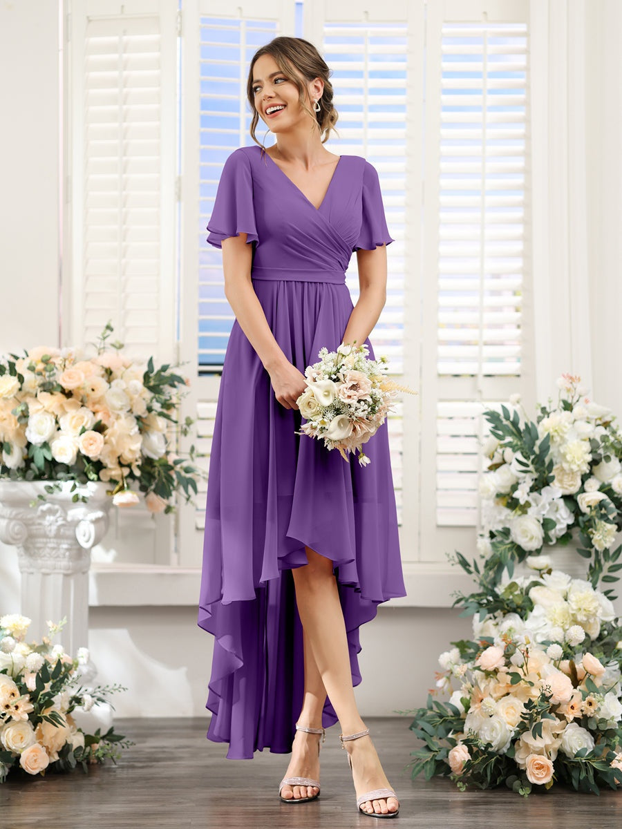 V-Neck A-Line Princess Short Sleeve Asymmetrical Ruched Chiffon Bridesmaid Dress