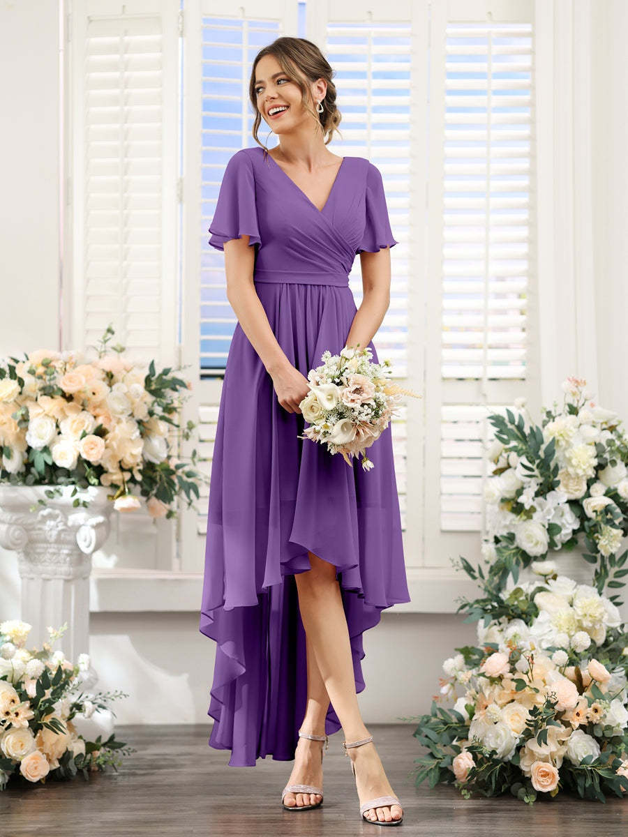 V-Neck A-Line Princess Short Sleeve Asymmetrical Ruched Chiffon Bridesmaid Dress