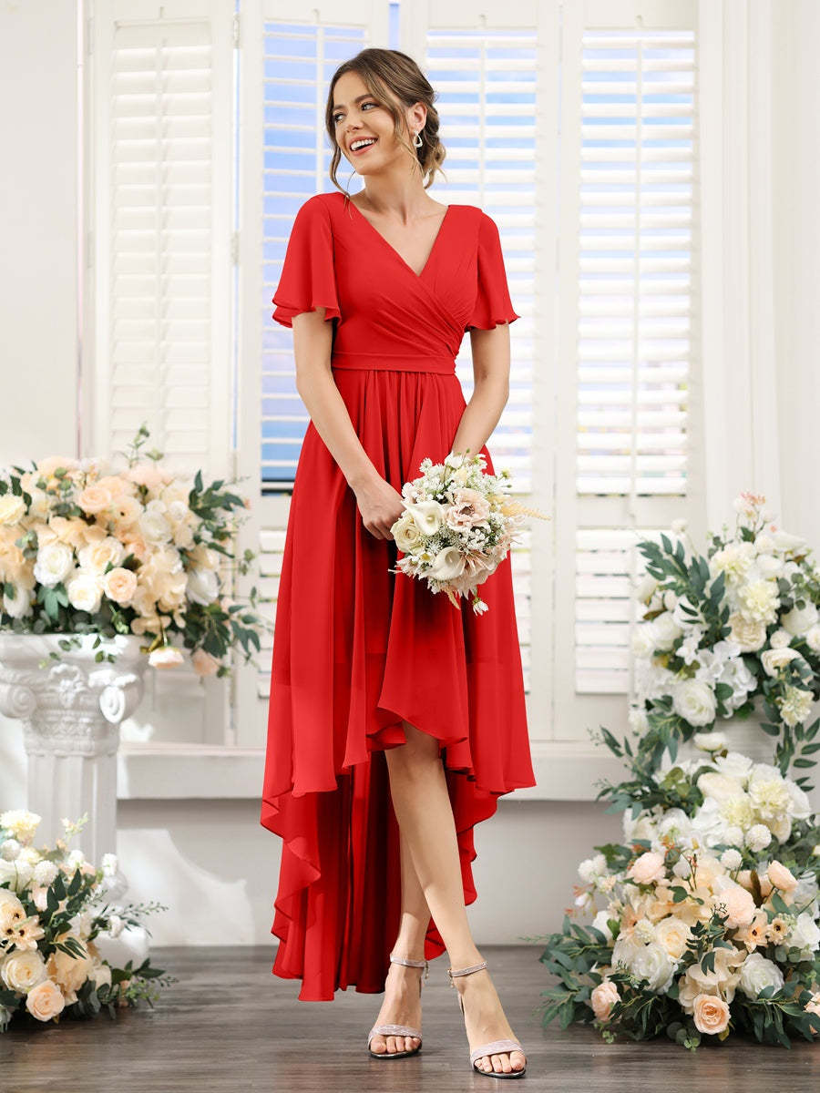 V-Neck A-Line Princess Short Sleeve Asymmetrical Ruched Chiffon Bridesmaid Dress
