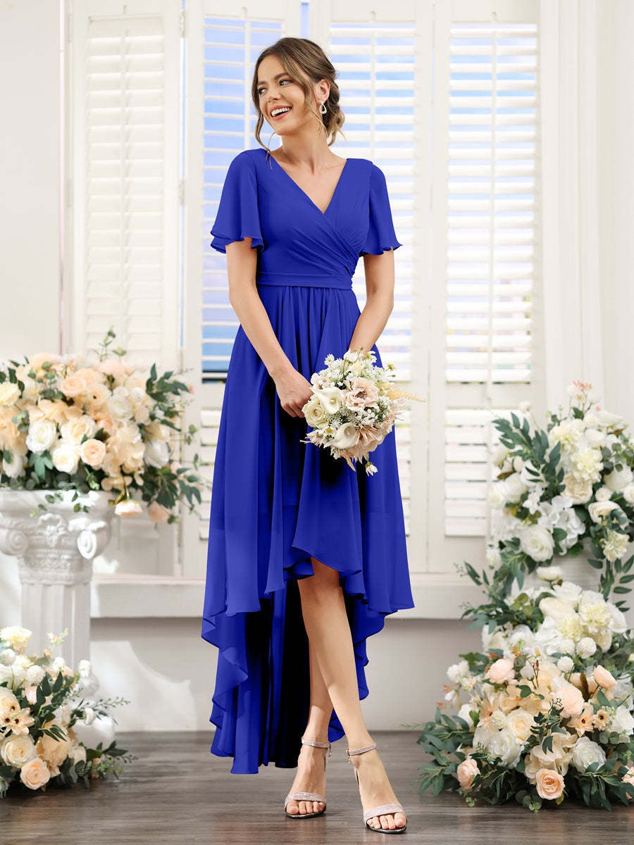 V-Neck A-Line Princess Short Sleeve Asymmetrical Ruched Chiffon Bridesmaid Dress