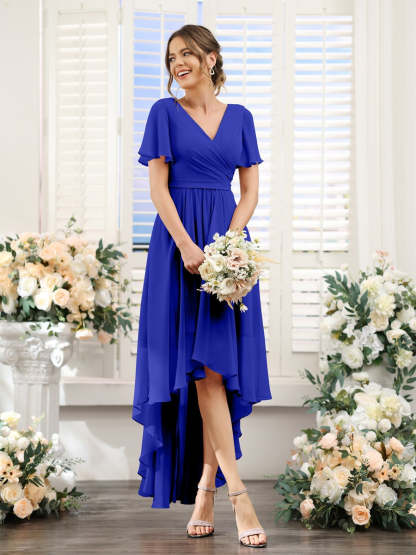 V-Neck A-Line Princess Short Sleeve Asymmetrical Ruched Chiffon Bridesmaid Dress