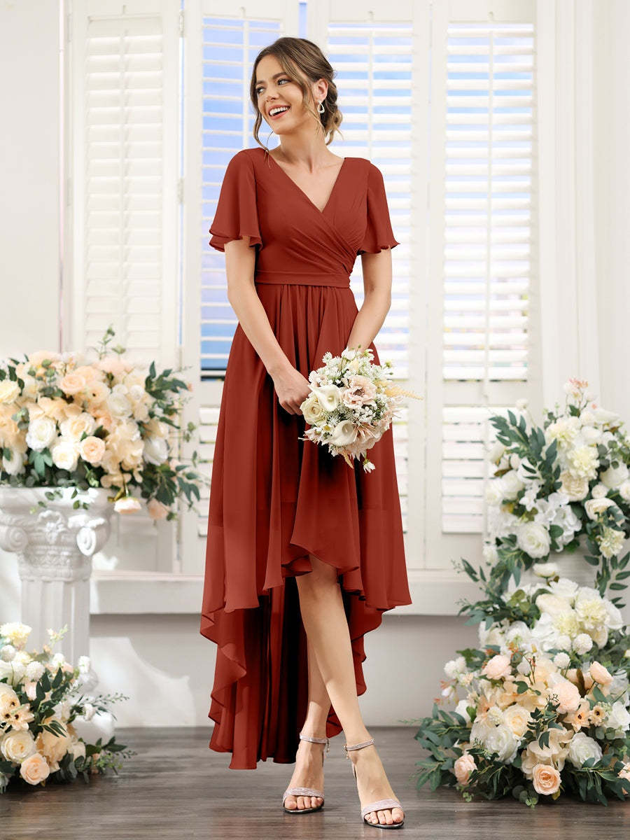 V-Neck A-Line Princess Short Sleeve Asymmetrical Ruched Chiffon Bridesmaid Dress