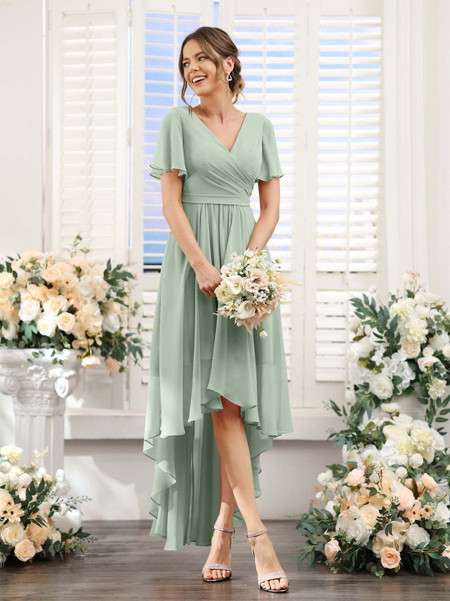 V-Neck A-Line Princess Short Sleeve Asymmetrical Ruched Chiffon Bridesmaid Dress