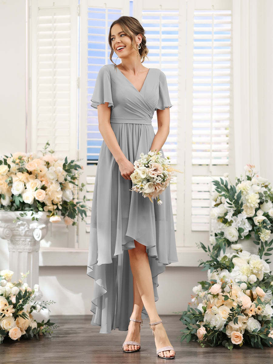 V-Neck A-Line Princess Short Sleeve Asymmetrical Ruched Chiffon Bridesmaid Dress
