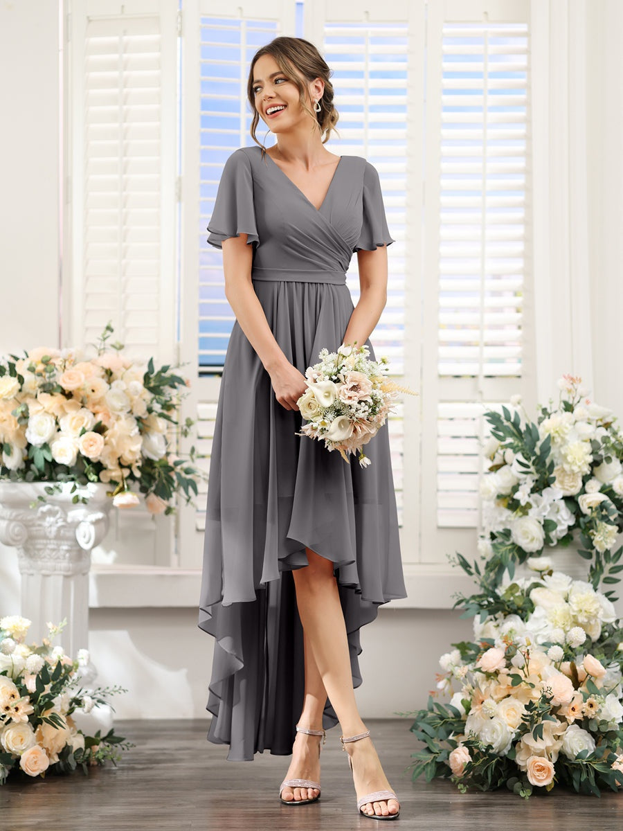 V-Neck A-Line Princess Short Sleeve Asymmetrical Ruched Chiffon Bridesmaid Dress