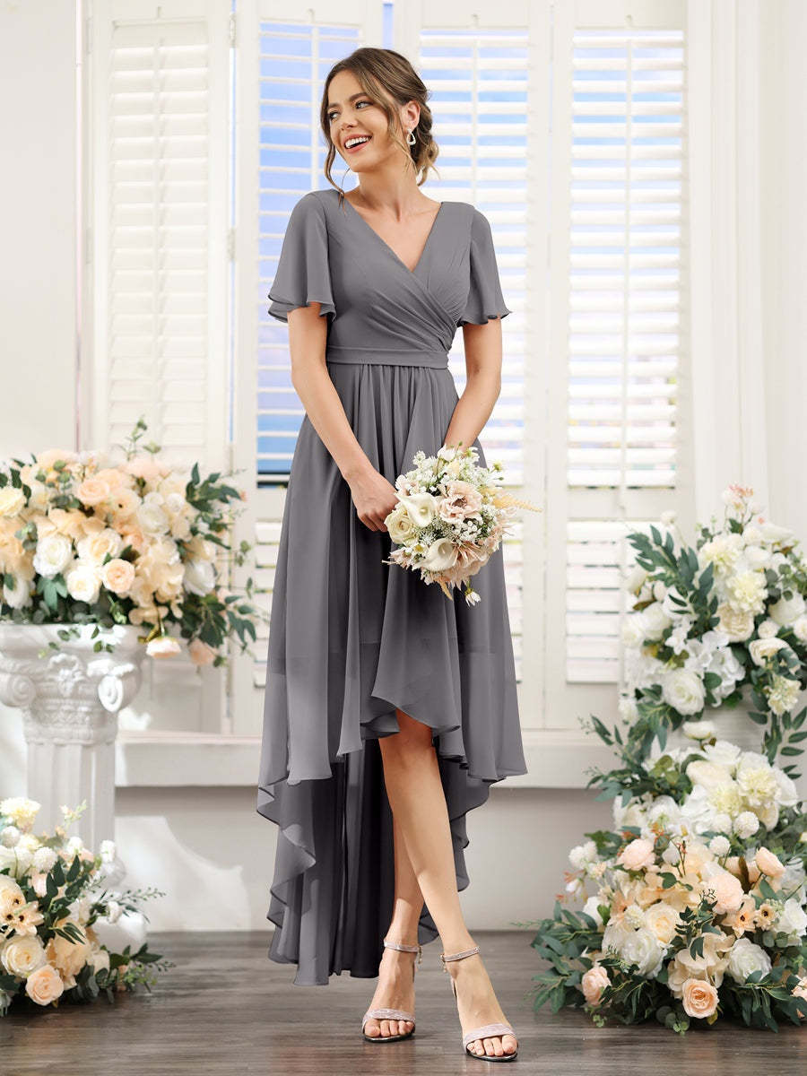 V-Neck A-Line Princess Short Sleeve Asymmetrical Ruched Chiffon Bridesmaid Dress